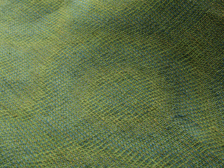 Close-up of green fabric with a subtle ring pattern in blue and ochre tones.